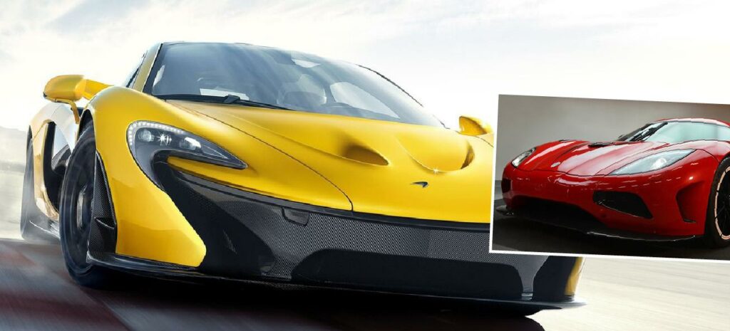 En gul och röd sportbil kör nerför vägen. (AI text)