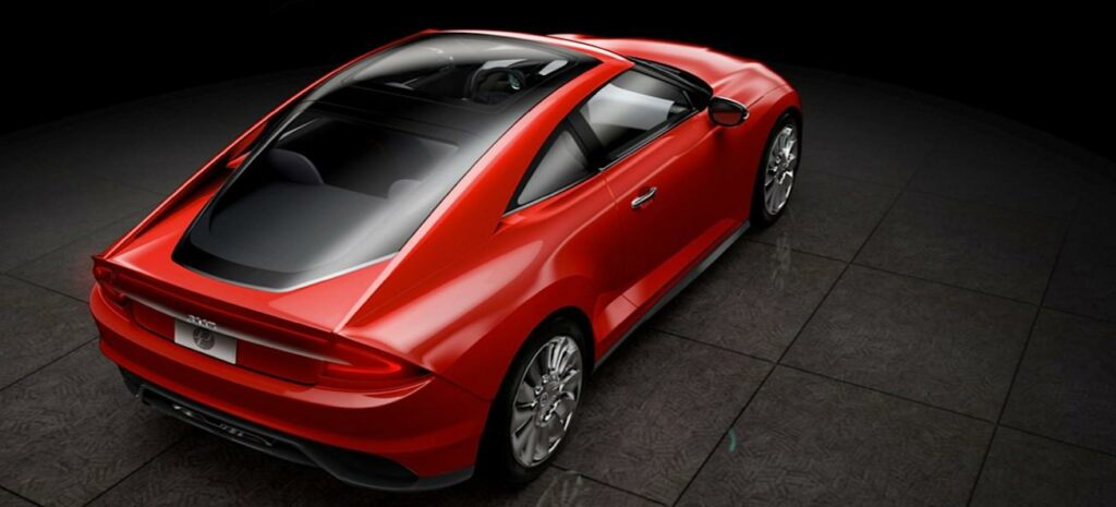 En röd sportbil i en mörk rum. (AI text)