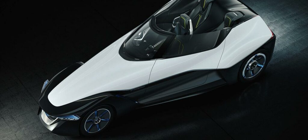 En framtida konceptbil i svart-vitt bild. (AI text)