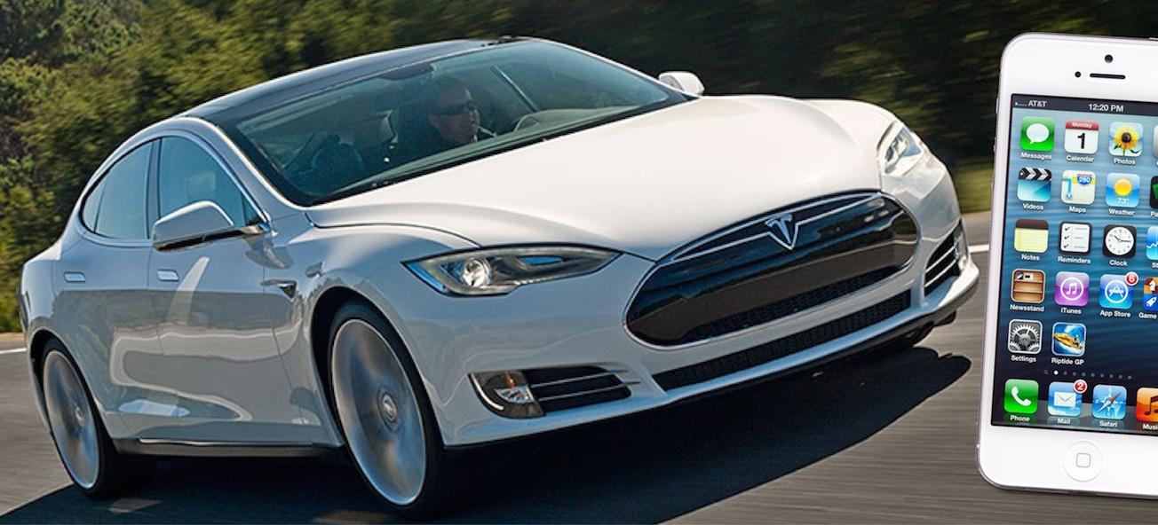 En vit Tesla Model S-bil med en iPhone. (AI text)