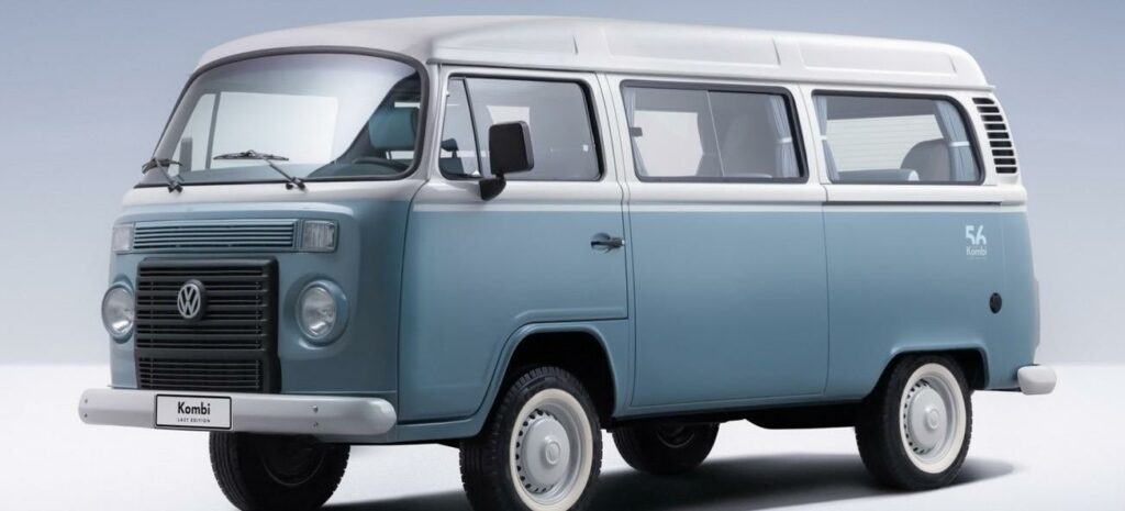 en blå och vit Volkswagen-buss (AI text)