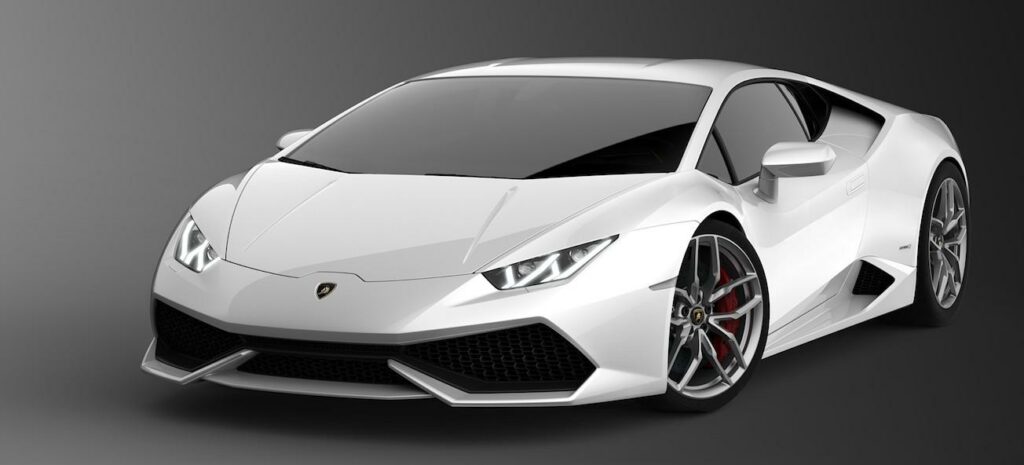 En vit Lamborghini GT4 supersportsbil på en grå bakgrund. (AI text)