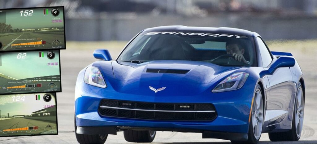 En blå Chevrolet Corvette Stingray kör på en racerbana. (AI text)