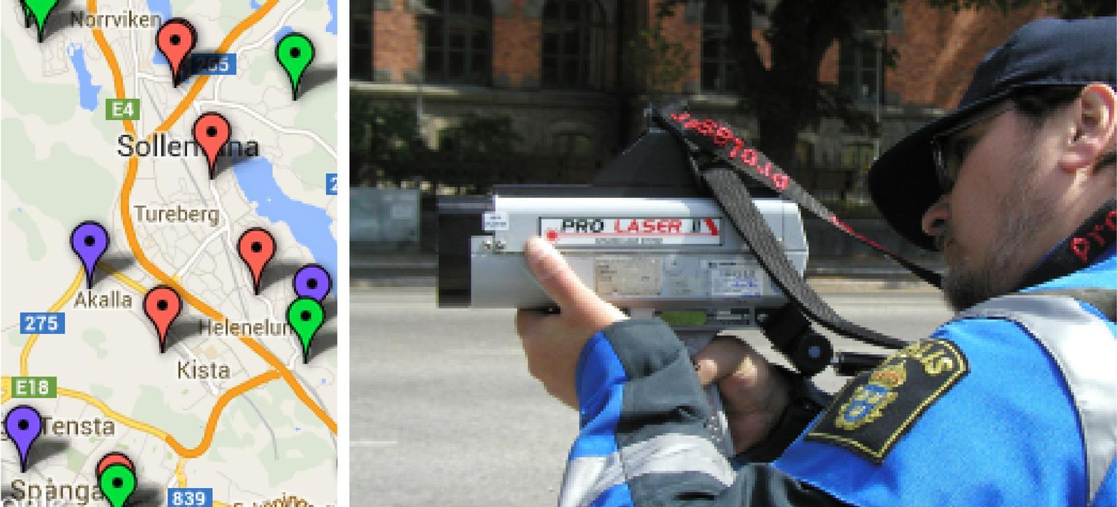 En polisbeamte använder en kamera för att ta en bild av en karta. (AI text)