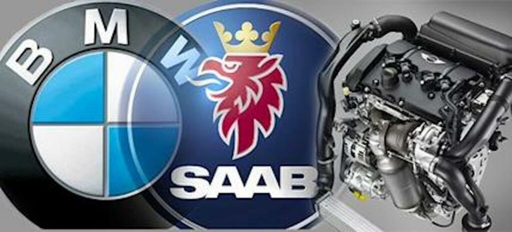 BMW och Saab-logotyper på en bil (AI text)