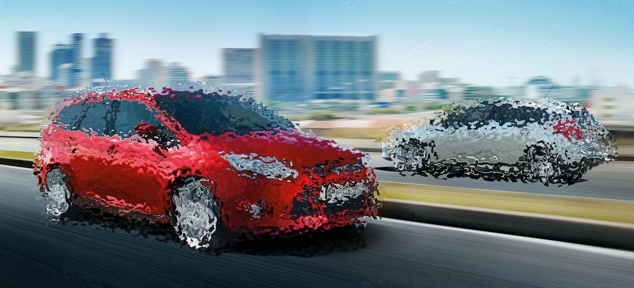 En bil kör ner en stadsgata. (AI text)