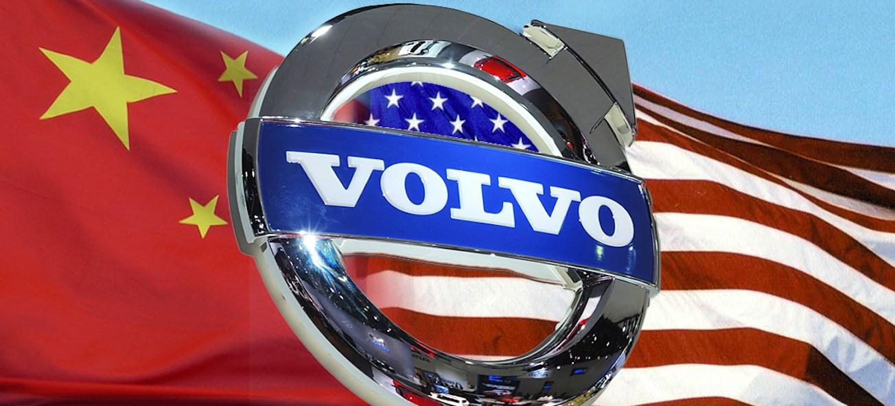Volvo-logotyp och kinesisk flagga (AI text)