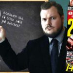 En man pekar på en. (AI text)