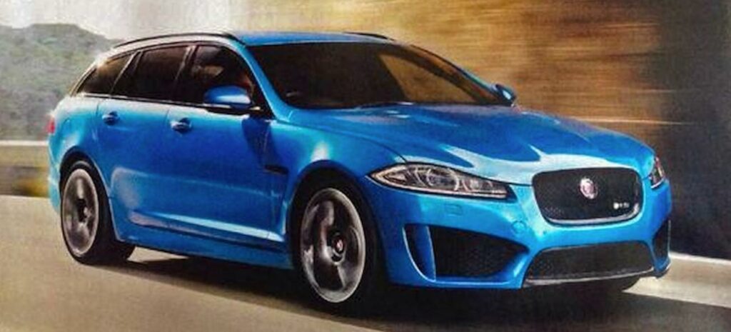 En blå Jaguar XF på en väg. (AI text)