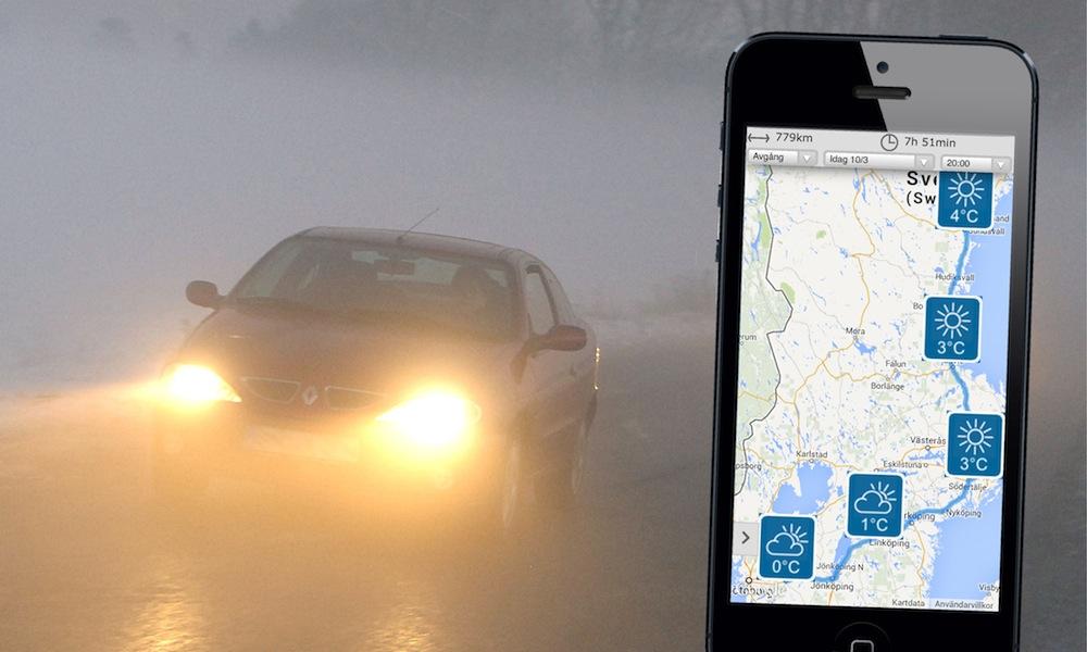 En bil kör nedför en väg med en smartphone-app öppen på den. (AI text)