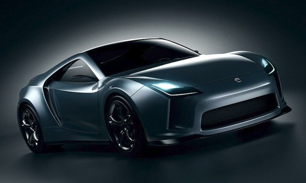 En futuristisk sportbil i en mörk rummiljö. (AI text)