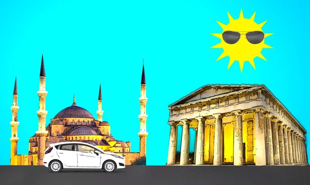 En bil framför en moské (AI text)