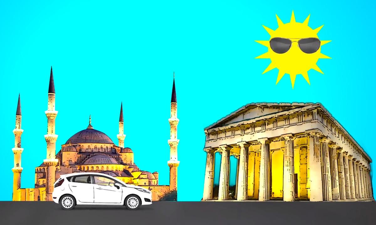 En bil framför en moské (AI text)