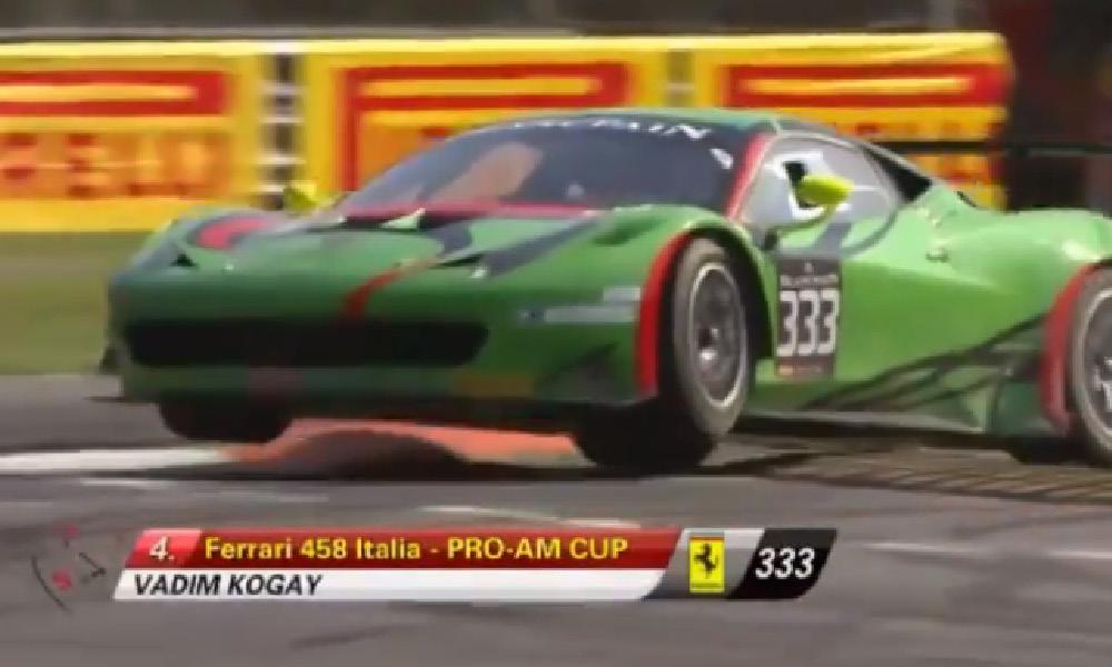 En gröngul Ferrari F430 GT3 på racerbana. (AI text)