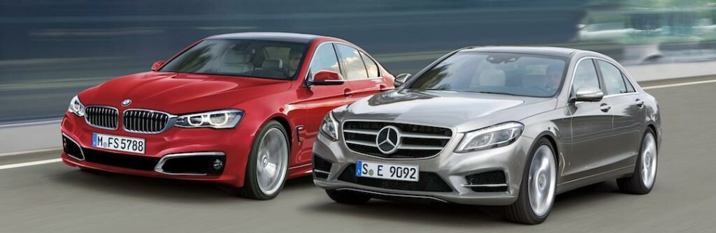 Ungefär så här tror vår illustratör Schulte Design att nästa E-klass ser ut. Till vänster huvudkonkurrenten BMW 5-serie, som även den byter generation snart.