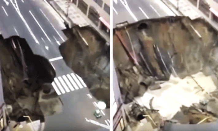 Här rasar vägen i ett slukhål – uppbyggt 48 timmar senare