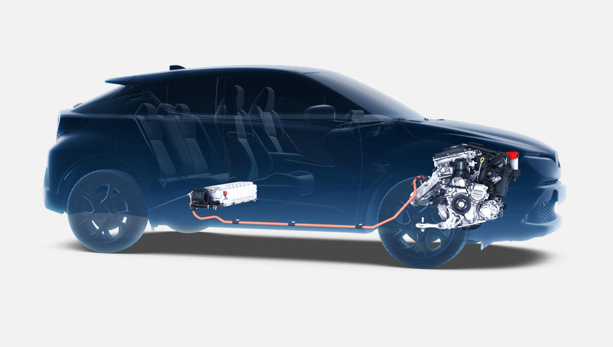 En bil med en blå motor och vit bakgrund. (AI text)