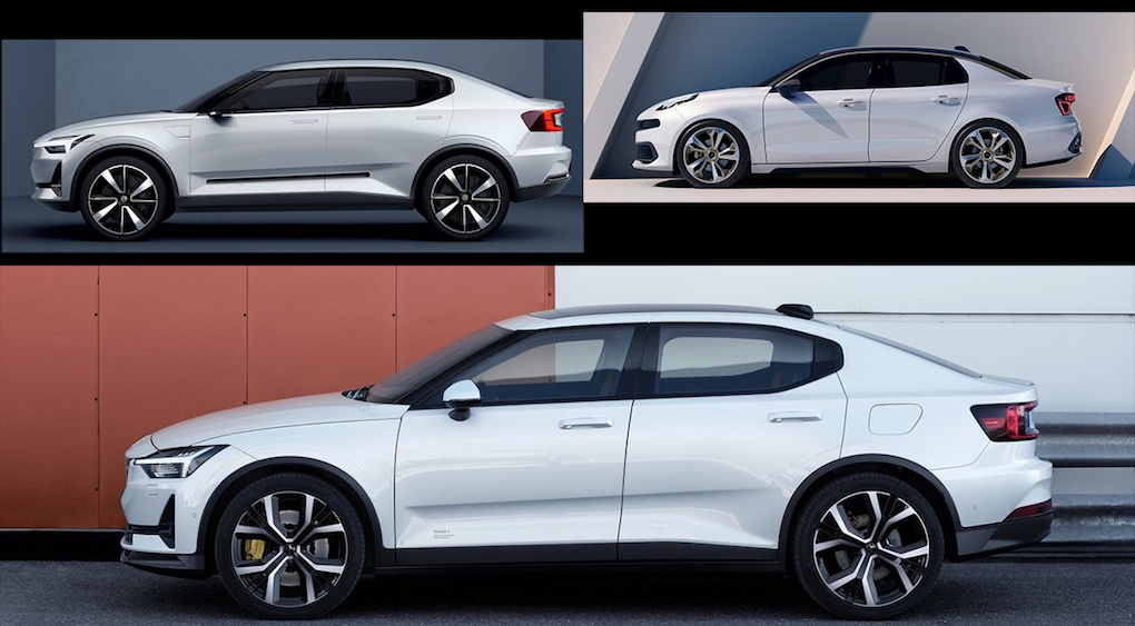 Volvo 40.2, Lynk & Co 03 och Polestar 2. Uppenbarligen stöpta i samma form.