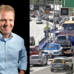 En man står bredvid en bil på en motorväg. (AI text)