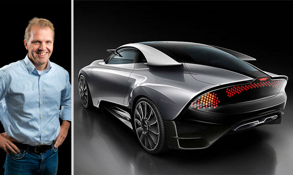 En man står bredvid en futuristisk bil. (AI text)