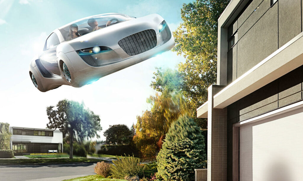 En framtida bil flyger över ett hus. (AI text)