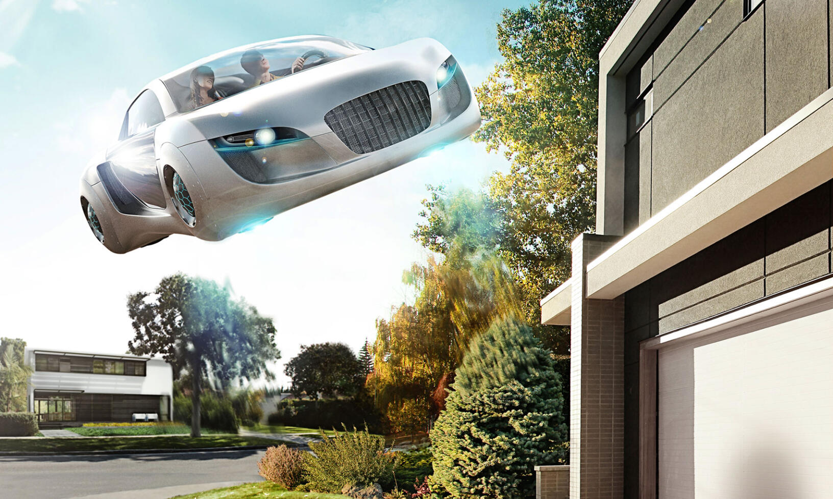 En framtida bil flyger över ett hus. (AI text)