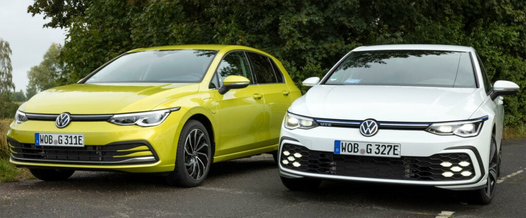 Golf eHybrid och GTE. Två laddhybrider med samma drivlina, men olika trimning. GTE till höger påminner om GTI.