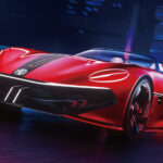 En futuristisk sportsbil kör nerför en stadsgata. (AI text)