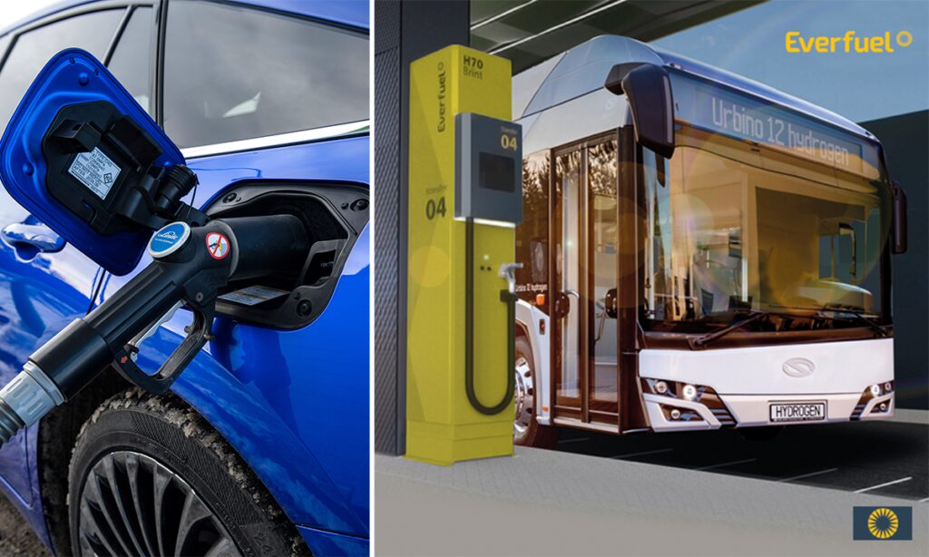 En buss och en bil vid en laddstation. (AI text)