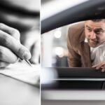 En man skriver på ett papper i sin bil. (AI text)