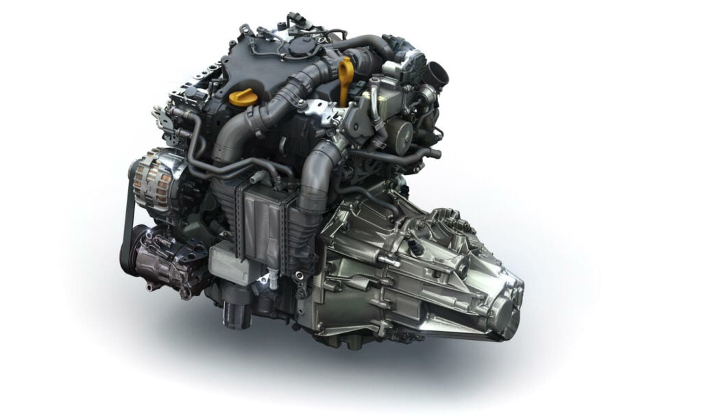 En bilmotor på vit bakgrund. (AI text)