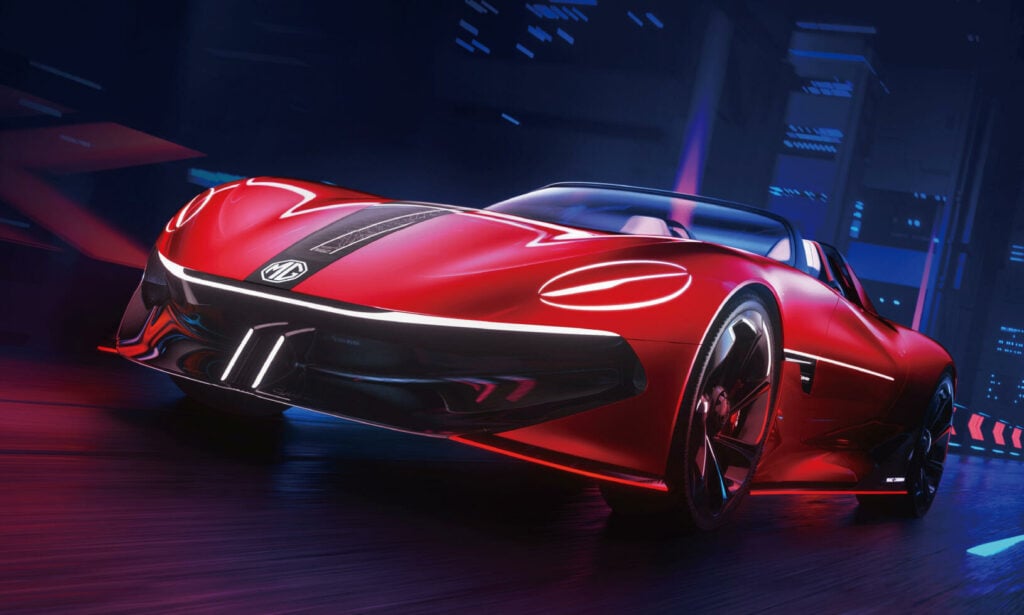 En futuristisk sportbil kör nedför en stadsgata. (AI text)