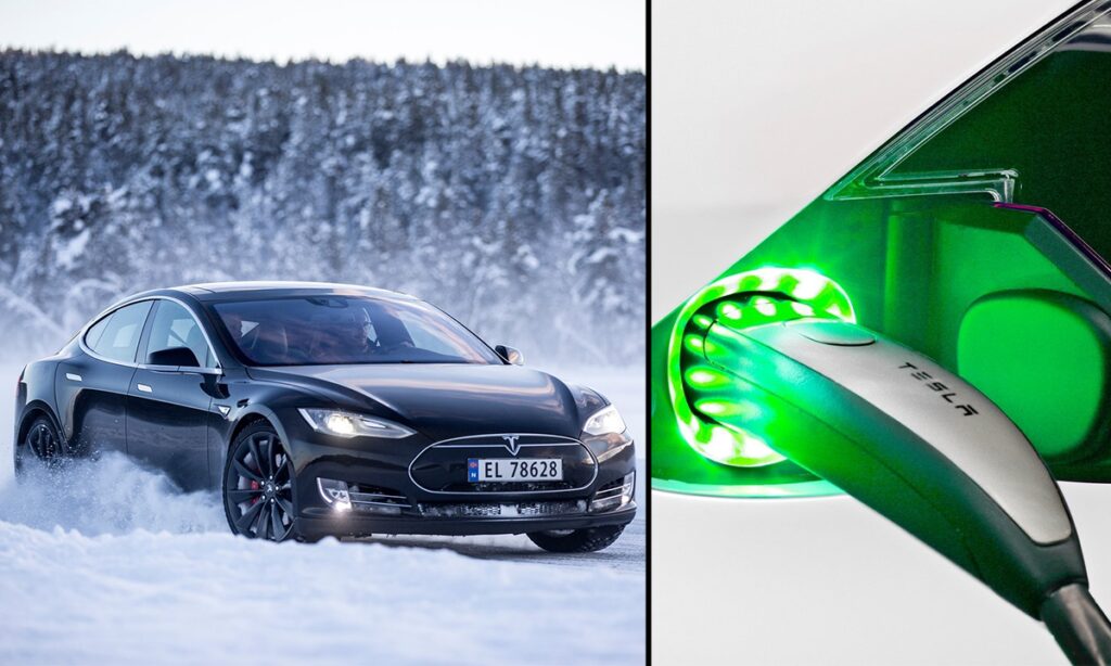 Tesla Model S laddar i snö. (AI text)