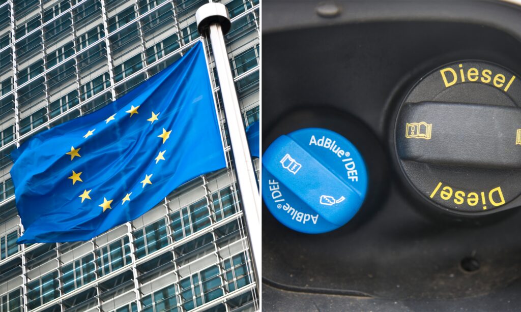 En bil med ett europeiskt flagga på hooden och ett europeiskt flagga på bakändan. (AI text)