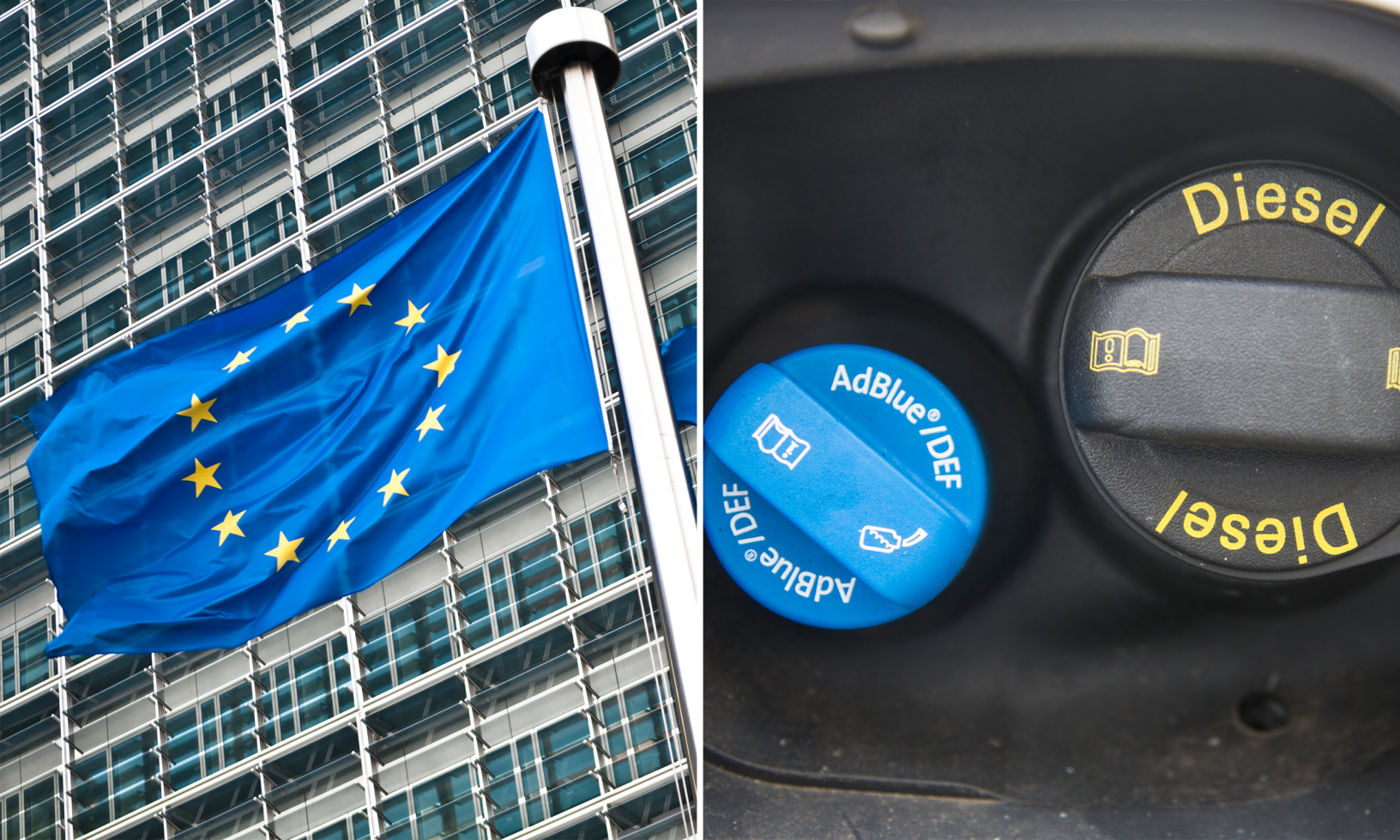 En bil med ett europeiskt flagga på hooden och ett europeiskt flagga på bakändan. (AI text)