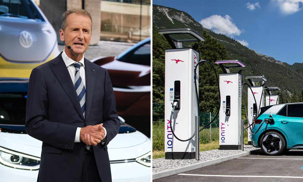 En man och en kvinna i kostym står bredvid en laddstation för bil. (AI text)