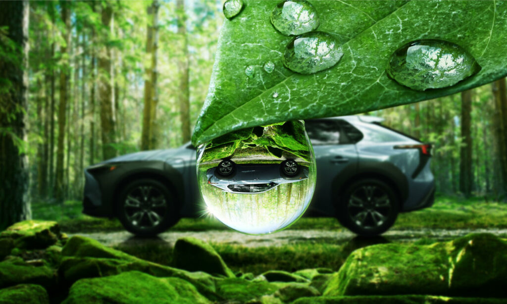 En bil med en blad på den i skogen. (AI text)