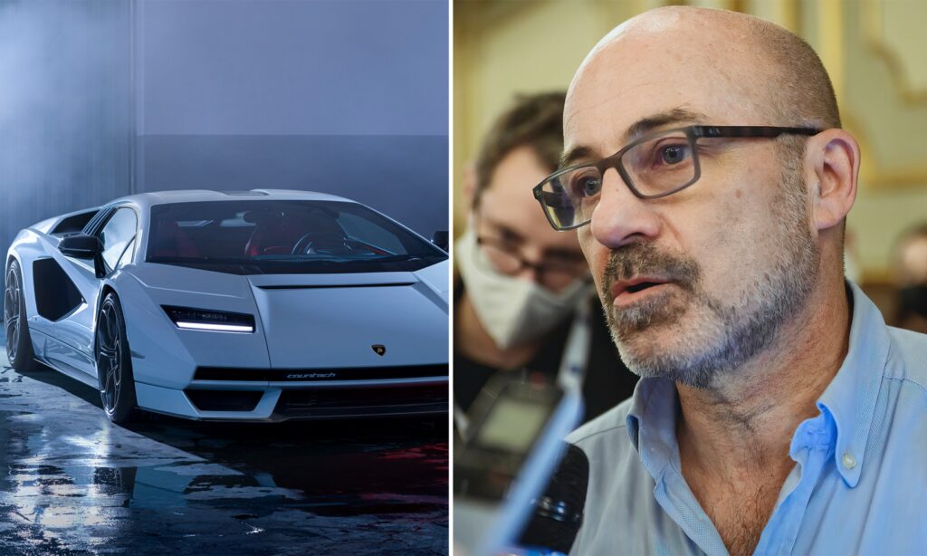 Till vänster: nya Lamborghini Countach LPI 800-4. Till höger: Italiens miljö- och energiminister Roberto Cingolani.