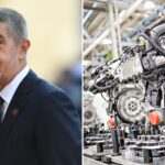 Till vänster: Tjeckiens premiärminister Andrej Babiš. Till höger: Nytillverkade motorer på Skodas fabrik i Mladá Boleslav 2019.
