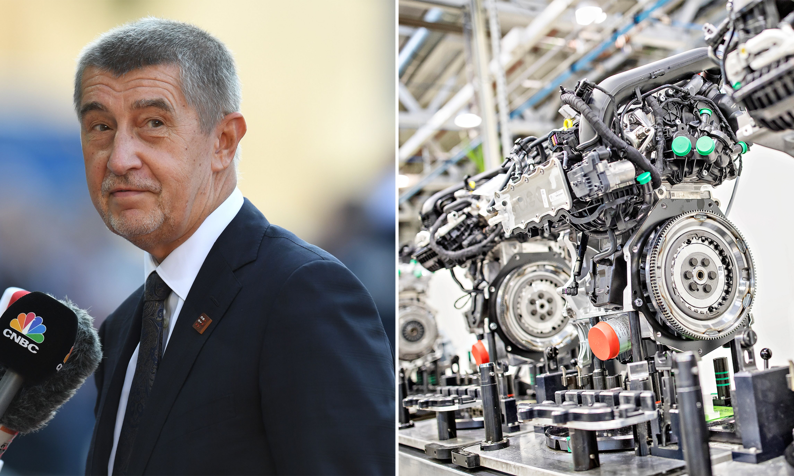 Till vänster: Tjeckiens premiärminister Andrej Babiš. Till höger: Nytillverkade motorer på Skodas fabrik i Mladá Boleslav 2019.