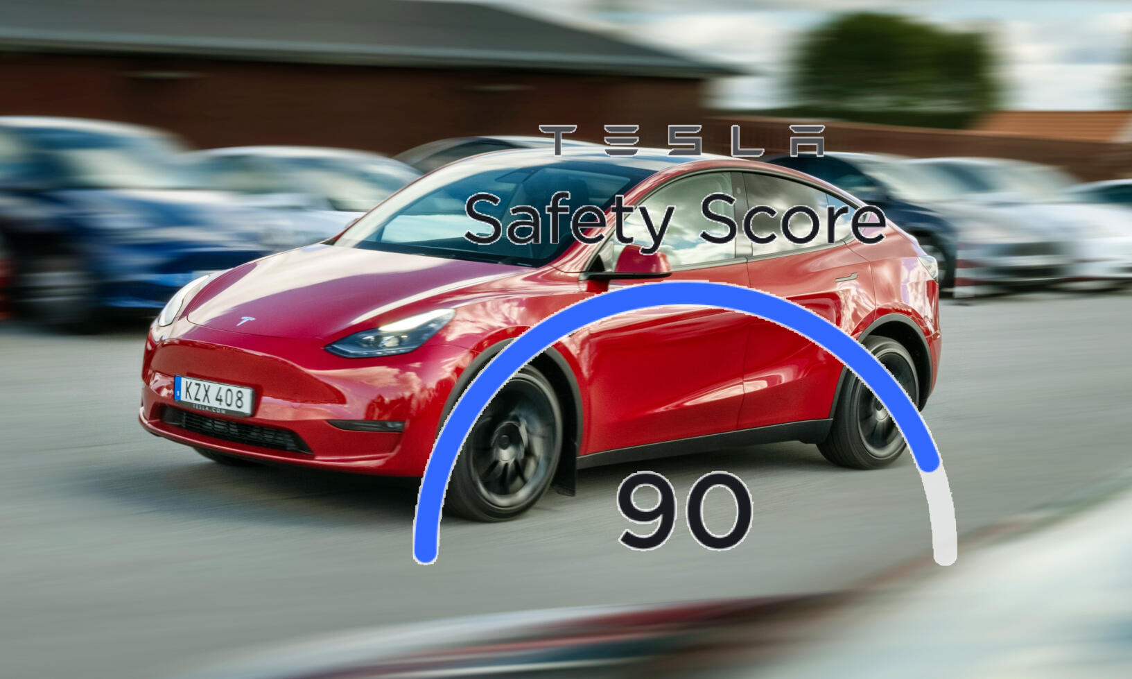 Tesla Model Y kör på vägen med en säkerhetspoäng på 90. (AI text)