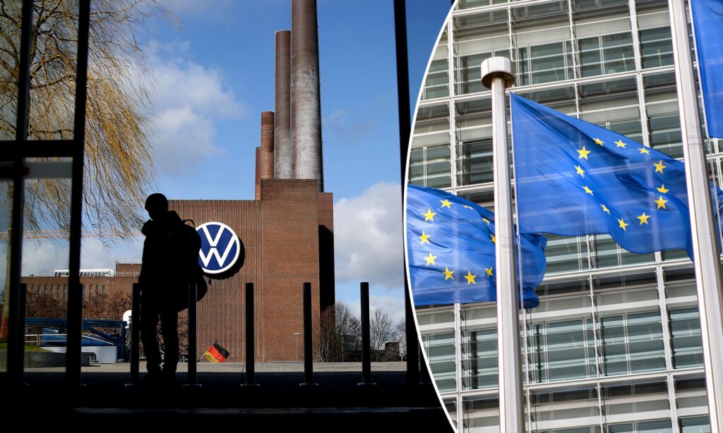 En man och kvinna står utanför ett byggnad med en flagga. (AI text)