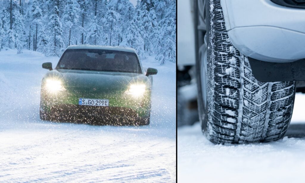 En bil kör på snöig väg. (AI text)