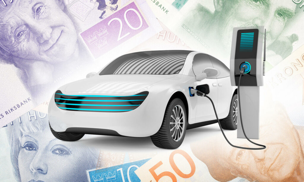 En bil laddar på en sedelbakgrund. (AI text)