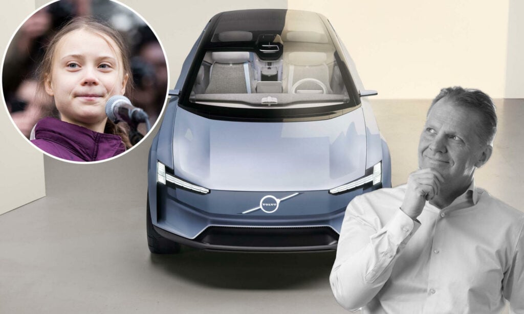 Personer framför en Volvo bil (AI text)