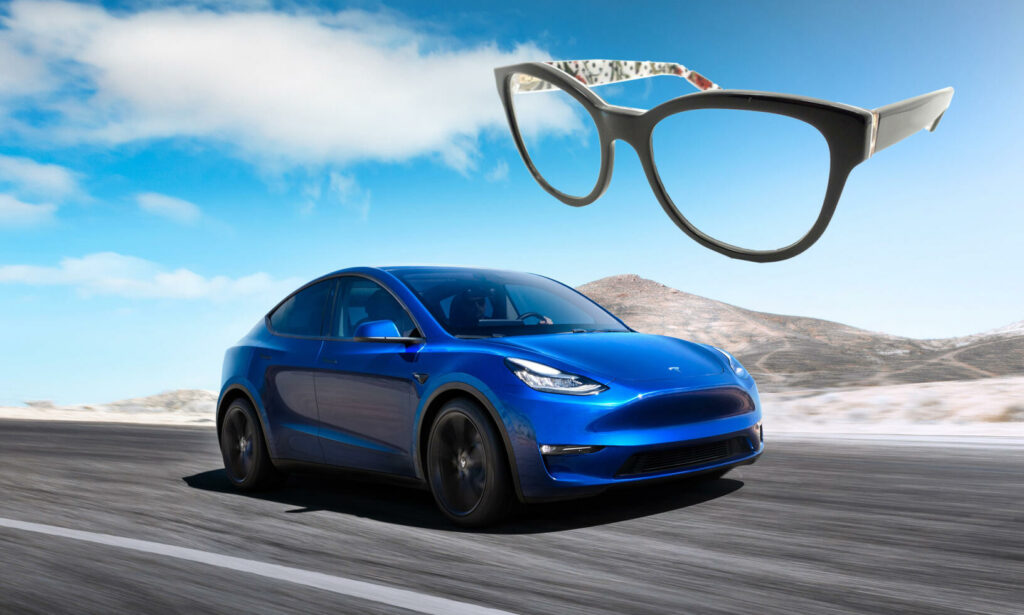 En Tesla Model S kör på vägen med glasögon. (AI text)