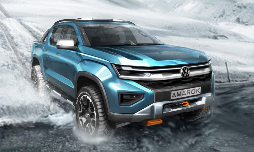 En blå SUV kör genom snö. (AI text)