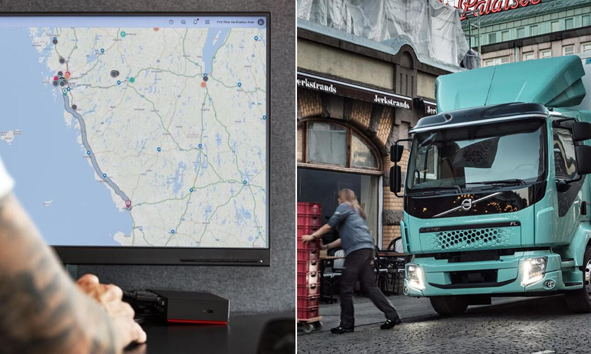 En man jobbar på en dator och en lastbil kör längs gatan. (AI text)