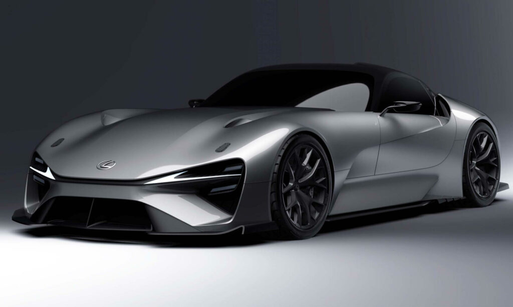 En futuristisk sportbil i en mörk rummiljö. (AI text)