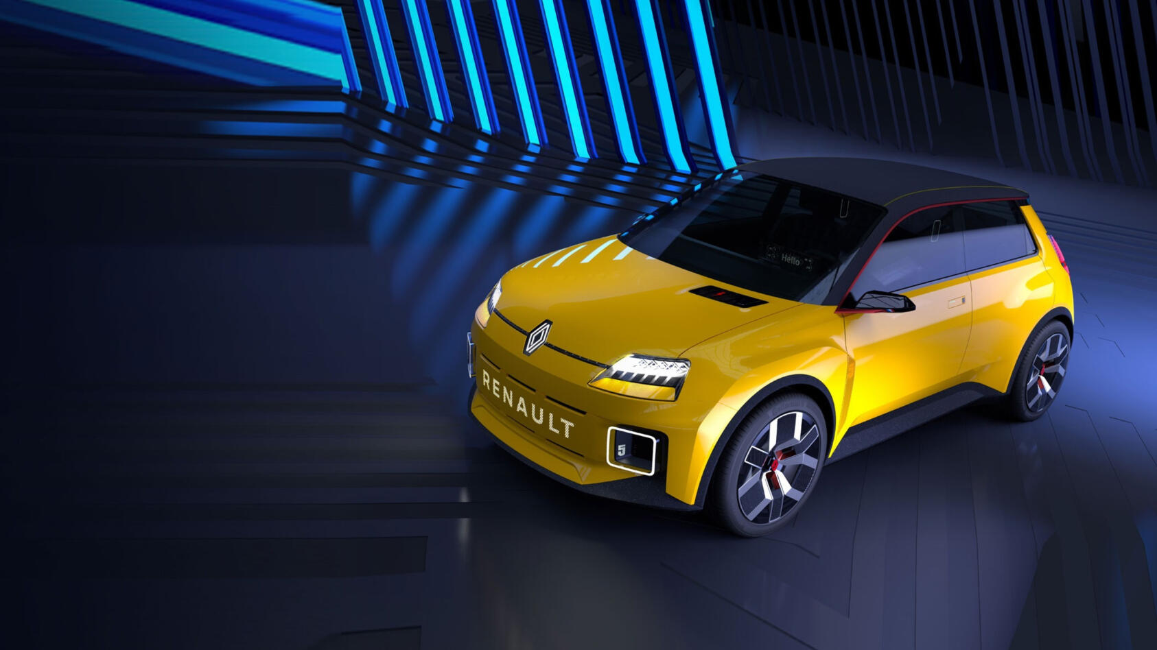 En gul bil i en mörk rum. (AI text)